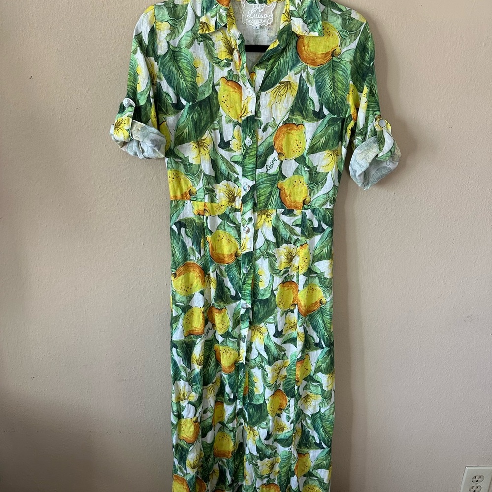 Luisa Postiano Lemon Linen Print Button-Up Dress